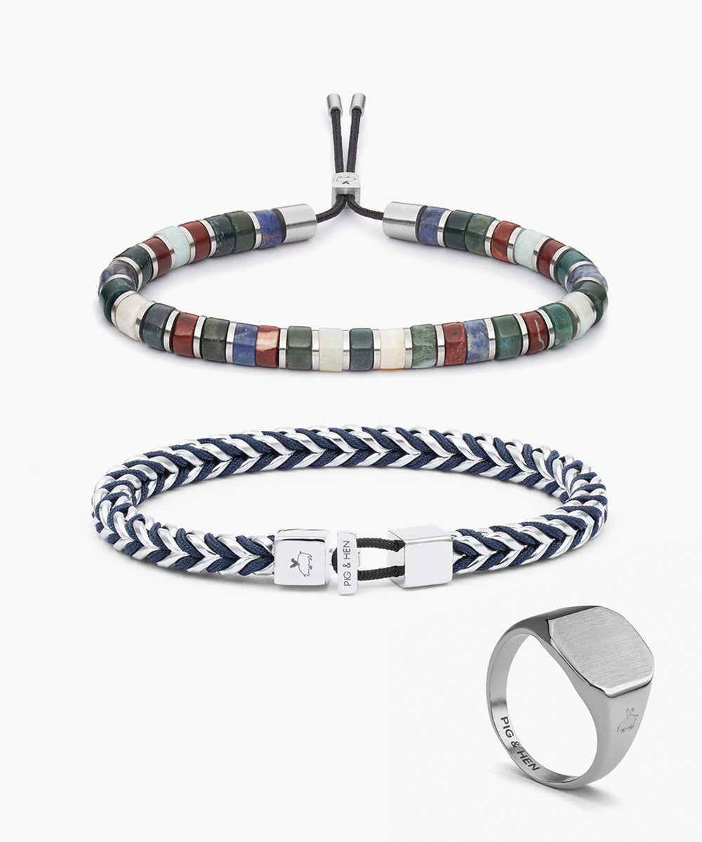 pig-hen-catena-foxtail-brontide-6mm-armband-und-ring-set-navy-silber image 1