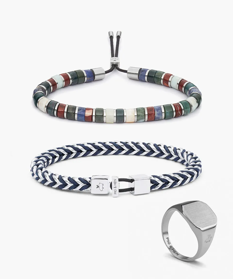 pig-hen-catena-foxtail-brontide-6mm-armband-und-ring-set-navy-silber image 1