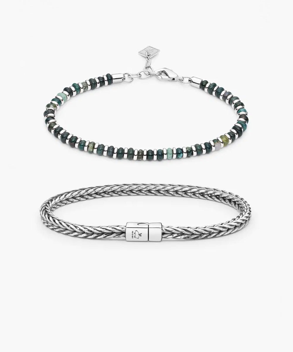 pig-hen-925-sterling-silver-brontide-moss-agate-foxtail-chain-set-2er-armbandset image 1