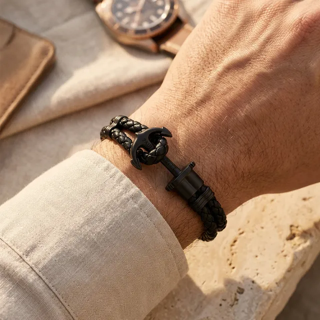 paul-hewitt-phrep-armband-schwarz-leder-schwarz-mit-anker image 1