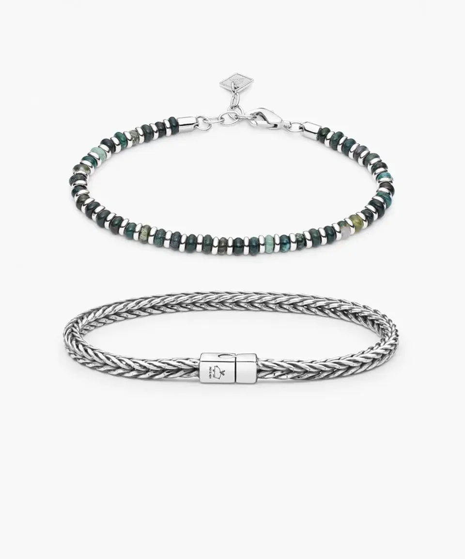 pig-hen-925-sterling-silver-brontide-moss-agate-foxtail-chain-set-2er-armbandset image 1