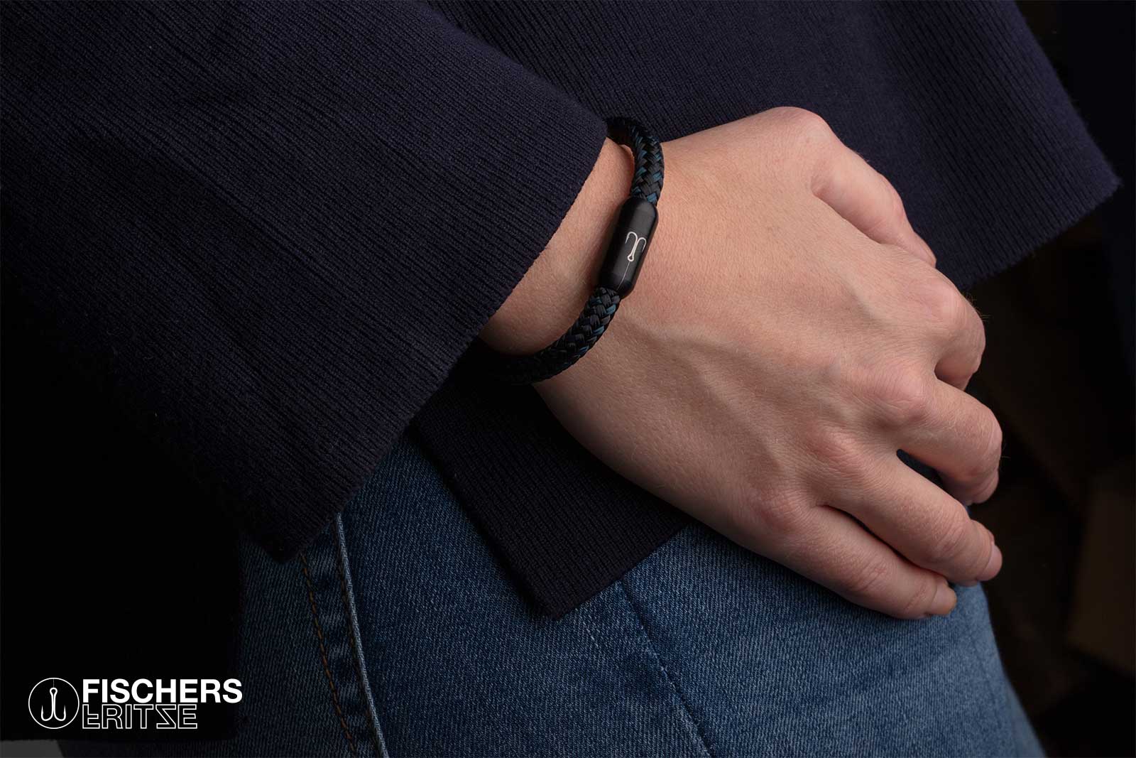 fischers-fritze-torpedokrabbe-freja-segeltau-armband-schwarz-petrol image 2