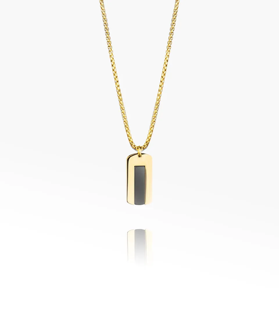 pig-hen-dogtag-halskette-black-agate-herren-schwarz-gold-70cm image 1